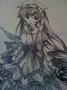 Rating: Safe Score: 0 Tags: 1girl dress frills image long_hair looking_at_viewer monochrome solo suiseiseki traditional_media veil very_long_hair User: admin