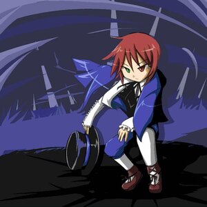 Rating: Safe Score: 0 Tags: 1boy 1girl bow bowtie cape green_eyes hat hat_removed headwear_removed heterochromia image long_sleeves pants red_eyes red_hair solo souseiseki top_hat white_legwear User: admin