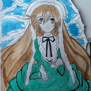 Rating: Safe Score: 0 Tags: 1girl :< black_ribbon braid brown_hair closed_mouth dress green_dress image long_hair long_sleeves neck_ribbon solo suiseiseki traditional_media very_long_hair User: admin
