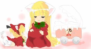 Rating: Safe Score: 0 Tags: animal_ears blonde_hair blush bonnet bow cat_ears dress hina_ichigo image long_hair long_sleeves lying multiple_girls red_dress rose shinku solo tail User: admin