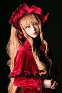 Rating: Safe Score: 0 Tags: 1girl black_background blonde_hair blue_eyes dress flower frills hands_together jewelry lips long_hair looking_at_viewer red_dress red_flower red_rose rose shinku simple_background solo upper_body User: admin