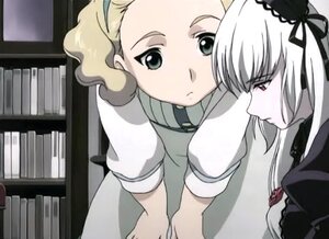Rating: Safe Score: 0 Tags: 2girls blonde_hair book bookshelf dress expressionless green_eyes hairband image indoors library long_hair long_sleeves multiple_girls ribbon sarah school_uniform solo suigintou yuri User: admin