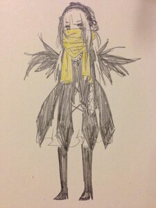 Rating: Safe Score: 0 Tags: 1girl boots closed_eyes full_body image long_hair scarf solo standing suigintou traditional_media wings User: admin