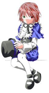 Rating: Safe Score: 0 Tags: 1girl bow frills full_body green_eyes hat hat_removed headwear_removed heterochromia holding_clothes holding_hat image long_sleeves looking_at_viewer pantyhose red_eyes shoes short_hair sitting solo souseiseki striped top_hat white_legwear User: admin