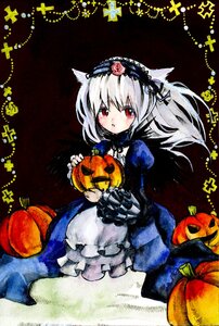 Rating: Safe Score: 0 Tags: 1girl animal_ears cat_ears dress flower hairband halloween happy_halloween image jack-o'-lantern marker_(medium) pumpkin red_eyes solo star_(symbol) suigintou traditional_media white_hair User: admin