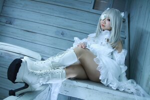 Rating: Safe Score: 0 Tags: 1girl blue_eyes boots crossed_legs dress hair_ornament indoors kirakishou lips long_hair sitting solo white_dress white_footwear white_hair User: admin