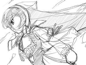 Rating: Safe Score: 0 Tags: 1girl frills greyscale image long_sleeves looking_at_viewer monochrome short_hair sketch solo suiseiseki white_background User: admin