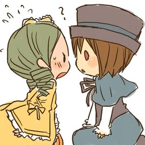 Rating: Safe Score: 0 Tags: 2girls ? blush brown_hair capelet chibi dress drill_hair flying_sweatdrops green_hair hat image kanaria long_sleeves multiple_girls open_mouth pair short_hair simple_background souseiseki User: admin