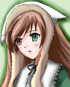 Rating: Safe Score: 0 Tags: 1girl :o black_ribbon blush brown_hair dress frills green_background green_eyes hat head_scarf heterochromia image long_hair red_eyes solo suiseiseki upper_body User: admin