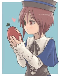 Rating: Safe Score: 0 Tags: 1girl blue_dress blush brown_hair dress hat heart heterochromia holding holding_food holding_fruit image long_sleeves red_eyes ribbon short_hair simple_background solo souseiseki suiseiseki upper_body User: admin
