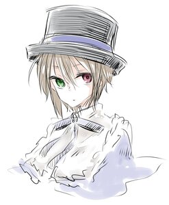 Rating: Safe Score: 0 Tags: 1boy bangs black_headwear closed_mouth eyebrows_visible_through_hair green_eyes hair_between_eyes hat heterochromia image looking_at_viewer red_eyes simple_background solo souseiseki striped striped_shirt top_hat upper_body vertical_stripes white_background User: admin
