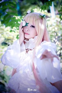 Rating: Safe Score: 0 Tags: 1girl artist_name bangs black_eyes blonde_hair blurry blurry_background blurry_foreground day depth_of_field dress flower hand_on_own_cheek kirakishou lips long_hair looking_at_viewer solo upper_body white_dress User: admin