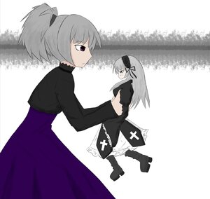 Rating: Safe Score: 0 Tags: 2girls boots dress hair_ribbon hairband image long_hair long_sleeves looking_at_another multiple_girls ribbon solo suigintou User: admin