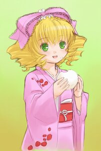 Rating: Safe Score: 0 Tags: 1girl blonde_hair bow food green_background green_eyes hair_bow hina_ichigo hinaichigo image japanese_clothes kimono looking_at_viewer obi onigiri open_mouth pink_bow sash short_hair smile solo wide_sleeves User: admin