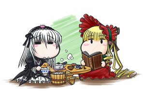 Rating: Safe Score: 0 Tags: 2girls black_wings blonde_hair bonnet chibi dress drill_hair hairband image long_hair long_sleeves multiple_girls pair reading shinku silver_hair sitting suigintou table wings User: admin