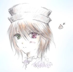 Rating: Safe Score: 0 Tags: 1girl animal_ears auto_tagged blush closed_mouth eyebrows_visible_through_hair hat image looking_at_viewer portrait red_eyes simple_background solo souseiseki traditional_media white_background User: admin