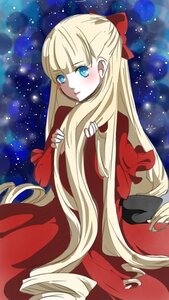 Rating: Safe Score: 0 Tags: 1girl blonde_hair blue_eyes blush bow dress drill_hair hair_bow image long_hair night night_sky red_bow shinku sitting sky solo star_(sky) starry_sky very_long_hair User: admin