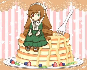 Rating: Safe Score: 0 Tags: 1girl brown_hair cake dress food fork fruit green_dress green_eyes heterochromia image long_hair pantyhose red_eyes smile solo star_(symbol) strawberry striped striped_background suiseiseki vertical_stripes User: admin