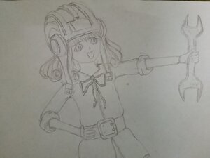 Rating: Safe Score: 0 Tags: 1girl :d belt greyscale hand_on_hip helmet hinaichigo holding holding_weapon image monochrome open_mouth smile solo traditional_media weapon User: admin