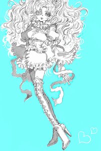 Rating: Safe Score: 0 Tags: 1girl aqua_background blue_background boots frills heart high_heels image kirakishou long_hair monochrome rose solo thigh_boots User: admin
