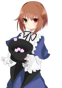 Rating: Safe Score: 0 Tags: 1girl blush brown_hair dress green_eyes hat hat_removed headwear_removed heterochromia holding image long_sleeves looking_at_viewer red_eyes ribbon short_hair smile solo souseiseki striped striped_background vertical_stripes white_background User: admin