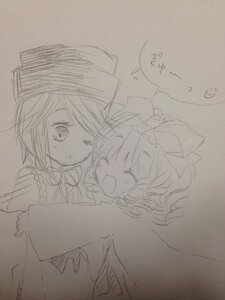 Rating: Safe Score: 0 Tags: 2girls blush bow closed_eyes hair_bow hat hug image monochrome multiple_girls one_eye_closed open_mouth short_hair sketch smile solo souseiseki traditional_media User: admin
