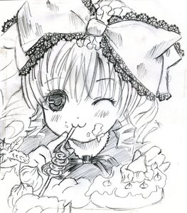 Rating: Safe Score: 0 Tags: 1girl blush drill_hair eating eyebrows_visible_through_hair food food_on_face fork fruit greyscale hinaichigo image monochrome solo strawberry traditional_media User: admin