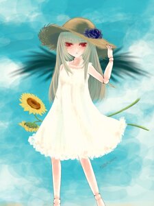 Rating: Safe Score: 0 Tags: 1girl barefoot blush dress flower hat image long_hair red_eyes solo standing suigintou sundress sunflower water User: admin