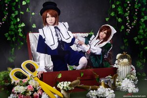 Rating: Safe Score: 0 Tags: 2girls 91076 brown_hair dress flower hat multiple_cosplay multiple_girls pantyhose rose short_hair sisters sitting table tagme User: admin