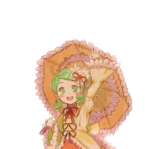 Rating: Safe Score: 0 Tags: 1girl :d ahoge blush dress flower frilled_sleeves frills green_eyes green_hair hat holding_umbrella image kanaria long_sleeves looking_at_viewer open_mouth parasol ribbon simple_background smile solo striped umbrella white_background yellow_dress User: admin