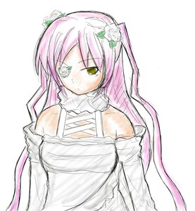 Rating: Safe Score: 0 Tags: 1girl bandaged_arm bandages bare_shoulders dress flower green_eyes hair_flower image kirakishou long_hair pink_hair sarashi simple_background solo white_background User: admin