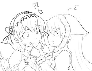 Rating: Safe Score: 0 Tags: 2girls blush finger_to_mouth greyscale hairband image index_finger_raised long_hair monochrome multiple_girls open_mouth pair shushing smile suigintou suiseiseki wings User: admin