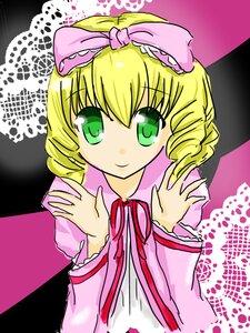 Rating: Safe Score: 0 Tags: 1girl bangs blonde_hair bow dress drill_hair eyebrows_visible_through_hair frills green_eyes hair_bow hina_ichigo hinaichigo image long_sleeves looking_at_viewer pink_bow ribbon smile solo upper_body User: admin