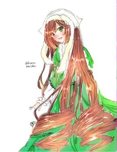 Rating: Safe Score: 0 Tags: 1girl blush brown_hair dress green_dress green_eyes hat heterochromia image long_hair long_sleeves looking_at_viewer monster_girl red_eyes solo suiseiseki very_long_hair white_background User: admin