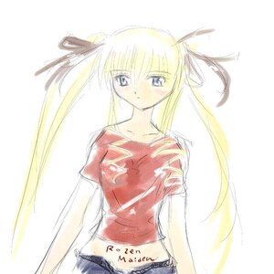 Rating: Safe Score: 0 Tags: 1girl blonde_hair blue_eyes blush closed_mouth denim denim_shorts hair_ribbon image jeans long_hair red_shirt ribbon shinku shirt shorts sketch solo striped twintails white_background User: admin