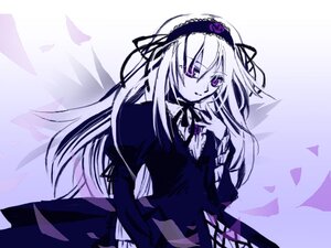 Rating: Safe Score: 0 Tags: 1girl dress flower frilled_sleeves frills hairband image lolita_hairband long_hair long_sleeves looking_at_viewer monochrome purple_theme ribbon solo suigintou very_long_hair wings User: admin
