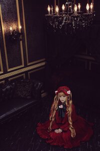 Rating: Safe Score: 0 Tags: 1girl blonde_hair blue_eyes candle dress flower indoors long_hair long_sleeves red_dress shinku sitting solo very_long_hair User: admin