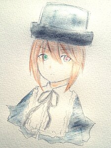 Rating: Safe Score: 0 Tags: 1girl closed_mouth frills green_eyes hat heterochromia image looking_at_viewer red_eyes short_hair simple_background solo souseiseki traditional_media white_background User: admin