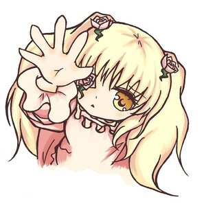 Rating: Safe Score: 0 Tags: 1girl blonde_hair blush eyepatch flower hair_flower hair_ornament hands image kirakishou long_hair looking_at_viewer outstretched_hand rose simple_background solo white_background yellow_eyes User: admin