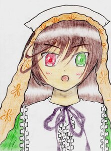 Rating: Safe Score: 0 Tags: 1girl :o frills green_eyes hat image looking_at_viewer open_mouth red_eyes short_hair solo suiseiseki traditional_media upper_body User: admin