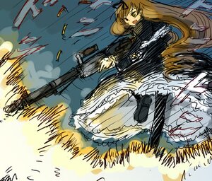 Rating: Safe Score: 0 Tags: 1girl dress gun image long_hair long_sleeves shell_casing solo suiseiseki very_long_hair weapon User: admin