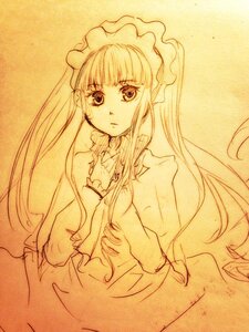 Rating: Safe Score: 0 Tags: 1girl dress frills frown image juliet_sleeves long_hair long_sleeves looking_at_viewer maid_headdress monochrome shinku sidelocks solo traditional_media very_long_hair User: admin