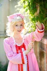Rating: Safe Score: 0 Tags: 1girl artist_name blonde_hair blurry bow depth_of_field dress flower hinaichigo lips looking_at_viewer pink_dress plant realistic solo watermark User: admin