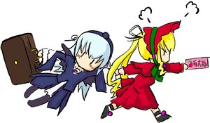 Rating: Safe Score: 0 Tags: 2girls black_wings blonde_hair bonnet chibi dress image long_hair long_sleeves multiple_girls pair ribbon shinku simple_background suigintou suitcase wings User: admin