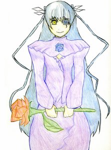 Rating: Safe Score: 0 Tags: 1girl barasuishou blue_eyes flower hair_ribbon image long_hair long_sleeves looking_at_viewer ribbon simple_background smile solo traditional_media very_long_hair white_background User: admin