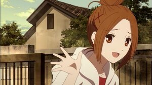 Rating: Safe Score: 0 Tags: 1girl :d brown_eyes brown_hair building day hair_bun hair_ornament hairclip hood human jacket looking_at_viewer open_mouth outdoors railing saitou screenshot shirt sky smile solo tree waving User: admin