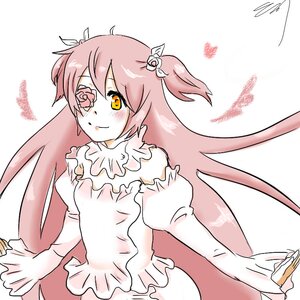 Rating: Safe Score: 0 Tags: 1girl bow dress flower frills hair_ornament image kaname_madoka kirakishou long_hair long_sleeves pink_hair rose signature smile solo two_side_up ultimate_madoka white_dress yellow_eyes User: admin