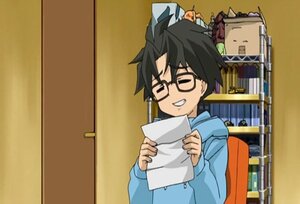 Rating: Safe Score: 0 Tags: 1boy black-framed_eyewear black_hair blue-framed_eyewear blue_shirt closed_eyes glasses grin holding human paper sakurada_jun screenshot smile solo upper_body User: admin