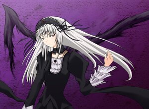 Rating: Safe Score: 0 Tags: 1girl black_dress black_ribbon black_wings detached_collar dress frills hairband image juliet_sleeves long_hair long_sleeves looking_at_viewer puffy_sleeves purple_background ribbon rose silver_hair simple_background solo suigintou upper_body very_long_hair wings User: admin