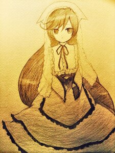 Rating: Safe Score: 0 Tags: 1girl bangs closed_mouth dress eyebrows_visible_through_hair frills hair_between_eyes halftone hat image long_hair monochrome ribbon solo suiseiseki User: admin